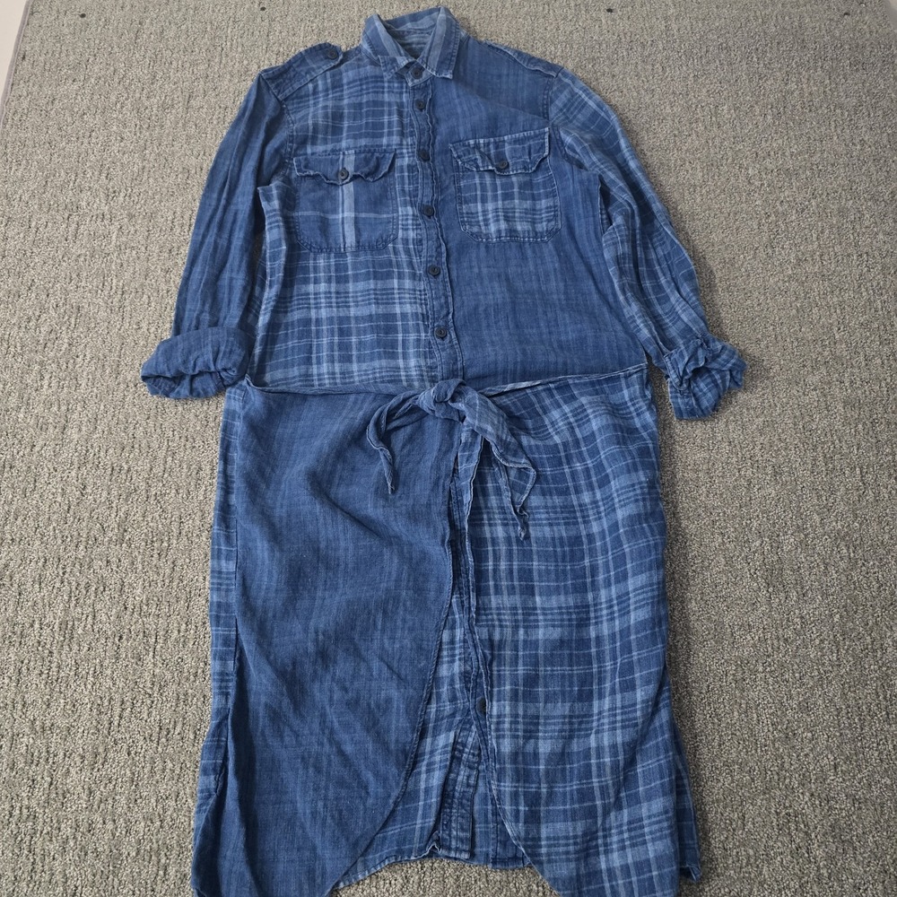 Polo Ralph Lauren 6 Linen Midi Shirt Dress Blue Plaid Patchwork Belted